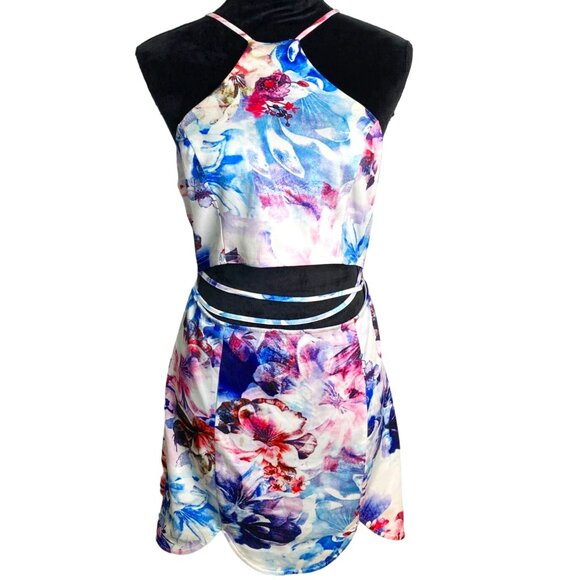 a. peach Womens Multicolor Floral Print Knit Dress with Waist Cutout Size M Sexy - Picture 1 of 9